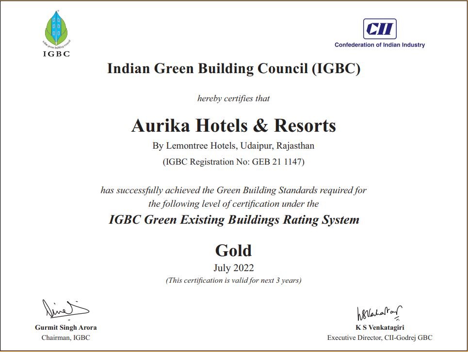 I.G.B.C. Green Existing Building Certification achieved by Aurika, Udaipur